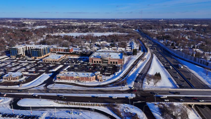 Highway and Suburban Commercial Area in Winter, Minneapolis, Minnesota, USA