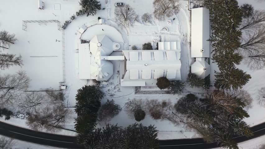 A top-down aerial view of a winter forest with a house and bare tree branches spreading over a snow-covered ground.