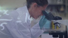 Animation of mathematical equations over caucasian female scientist in lab. global science, technology and digital interface concept digitally generated video. - Powered by Shutterstock - Get 15% off with code: PIKWIZARD15