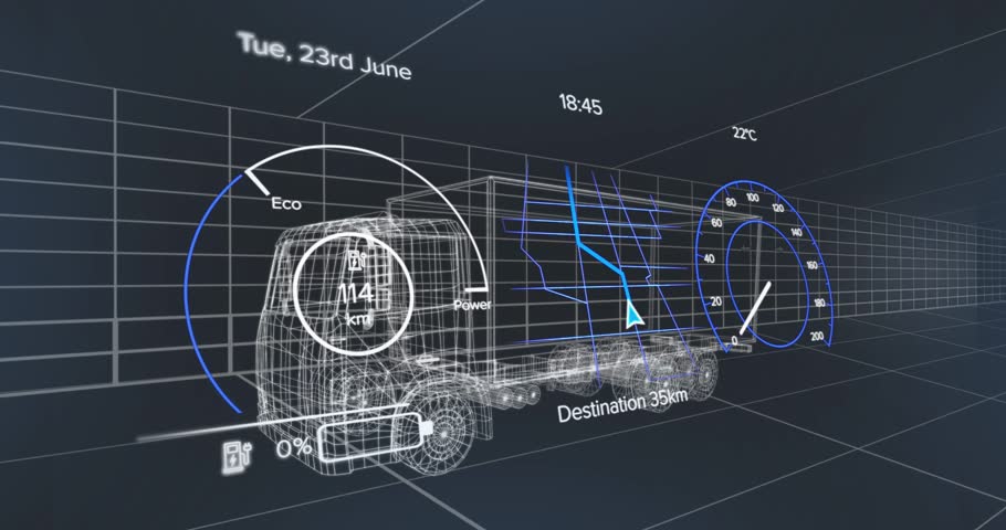 Animation of speedometer over electric truck project on navy background. electric cars, eco power, sustainability and technology concept digitally generated video.