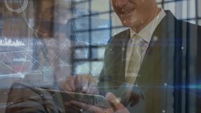 Network of connections and data processing against caucasian businessman using digital tablet. global networking and business technology concept - Powered by Shutterstock - Get 15% off with code: PIKWIZARD15