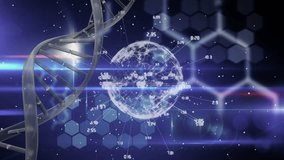Animation of dna, globe and data processing on violet background. science, human genome, data processing and technology concept digitally generated video. - Powered by Shutterstock - Get 15% off with code: PIKWIZARD15