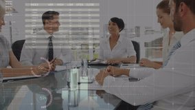 Animation of statistics and data processing over business people using phone headsets. Global business data processing digital interface technology and networking concept digitally generated video. - Powered by Shutterstock - Get 15% off with code: PIKWIZARD15