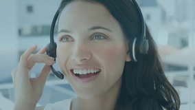 Data processing against caucasian woman wearing phone headset taking at office. Business and technology concept - Powered by Shutterstock - Get 15% off with code: PIKWIZARD15