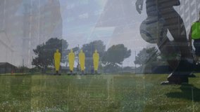 Animation of financial data and graphs over legs of male soccer player during training. Sport, training, soccer, finance and economy concept digitally generated video. - Powered by Shutterstock - Get 15% off with code: PIKWIZARD15