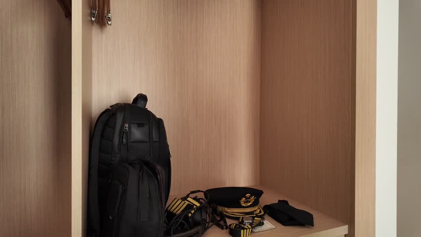 Hand of a caucasian pilot hanging the uniform after duty inside the hotel wardrobe