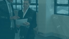 Animation of financial data processing over diverse business people at office. Global business, finances and digital interface concept digitally generated video. - Powered by Shutterstock - Get 15% off with code: PIKWIZARD15