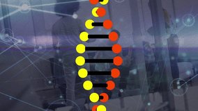 Animation of dna strand, connections and data processing over business people. Global science, business, finance, computing and data processing concept digitally generated video. - Powered by Shutterstock - Get 15% off with code: PIKWIZARD15