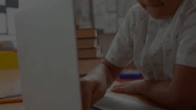 Animation of multiple graphs with changing numbers over caucasian boy using digital tablet. Digital composite, multiple exposure, report, business, growth, childhood and technology concept. - Powered by Shutterstock - Get 15% off with code: PIKWIZARD15