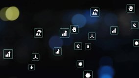 Animation of eco icons and data processing over out of focus city lights. Global environment, finance, business, connections, computing and data processing concept digitally generated video. - Powered by Shutterstock - Get 15% off with code: PIKWIZARD15