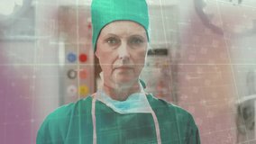 Animation of data processing over caucasian female surgeon putting on mask in operating theatre. Data, digital interface, hospital, healthcare, hygiene and communication, digitally generated video. - Powered by Shutterstock - Get 15% off with code: PIKWIZARD15