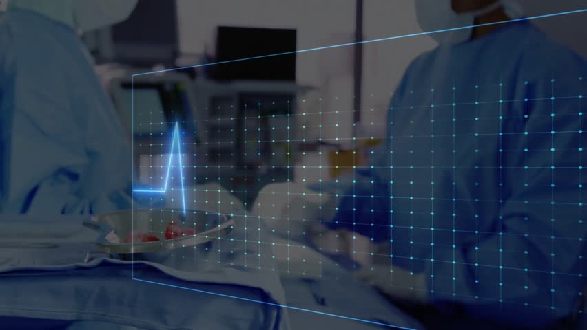 Surgeons handling surgical tools on instrument tray in operating room, with holographic ECG overlay. Medical, or, futuristic, teamwork, precision, clinical, innovation