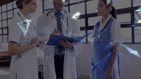 Medical team reviewing patient data in hospital ward, showcasing digital globe and network lines. Healthcare, teamwork, technology, innovation, professionalism, collaboration, modern - Powered by Shutterstock - Get 15% off with code: PIKWIZARD15
