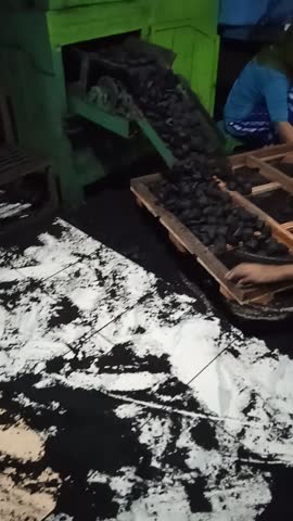 Close-up view of BBQ charcoal briquettes in pillow shape coming out from industrial pressing machine. Sustainable coconut charcoal briquette production process for grilling and barbecue use. 