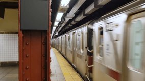 Subway train leaving a Manhattan station, capturing urban transit, city life, movement, and the energy of public transportation in NYC. - Powered by Shutterstock - Get 15% off with code: PIKWIZARD15