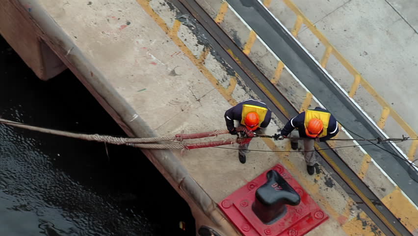 Harbor Dock Workers Securing Ship Mooring Rope, Industrial Port Scene, Buenos Aires, Argentina - 4K