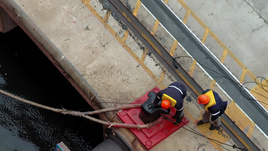 Harbor Dock Workers Securing Ship Mooring Rope, Industrial Port Scene, Buenos Aires, Argentina - 4K
