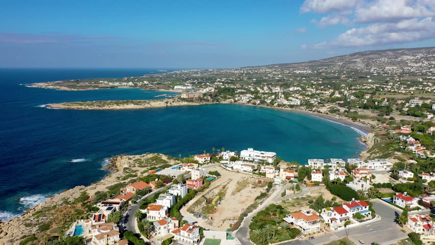 Aerial panoramic view of Coral bay beach, Cyprus. Overhead view of Coral Bay beach, Peyia village, Paphos district, Cyprus. Aerial view of Coral Bay beach in Peyia village, Cyprus.