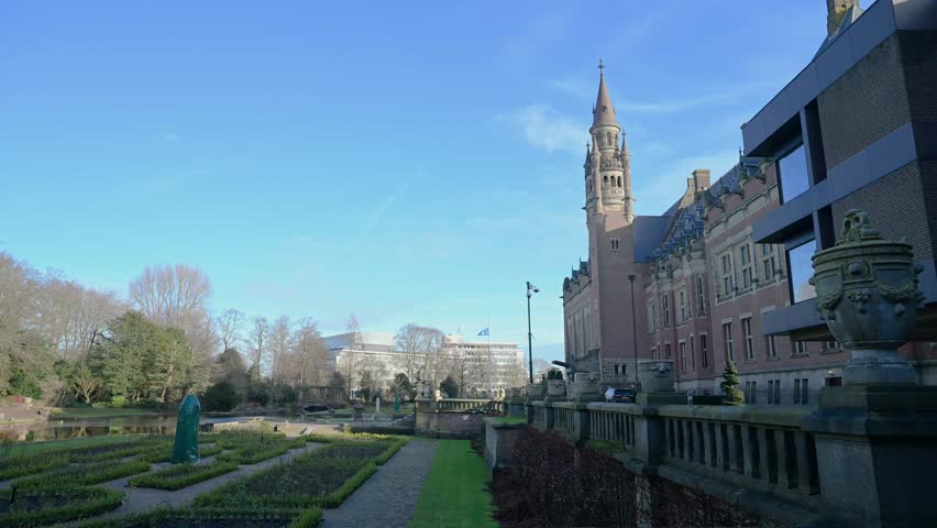 Garden of the Peace Palace, Vredespaleis in Dutch, in The Hague, Netherlands