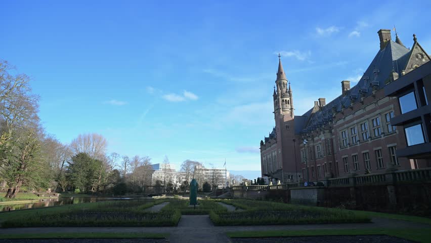Garden of the Peace Palace, Vredespaleis in Dutch, in The Hague, Netherlands