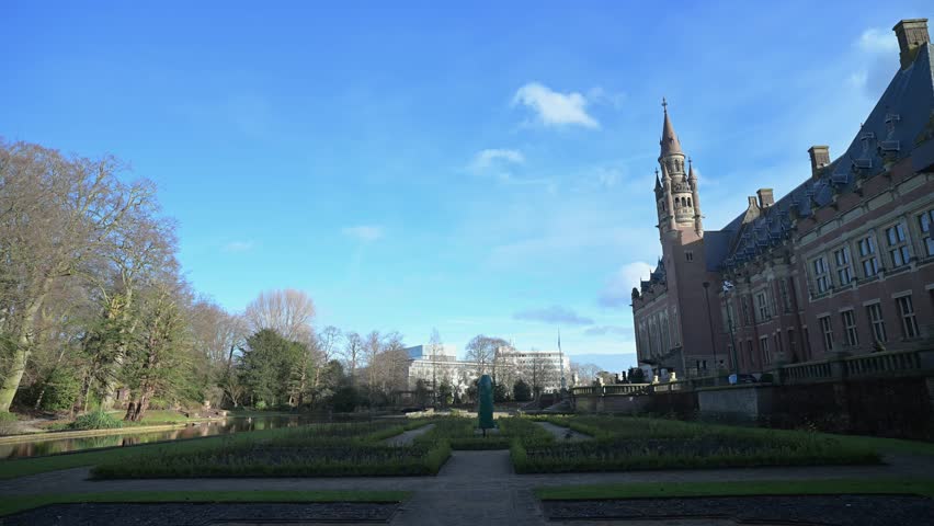 Garden of the Peace Palace, Vredespaleis in Dutch, in The Hague, Netherlands