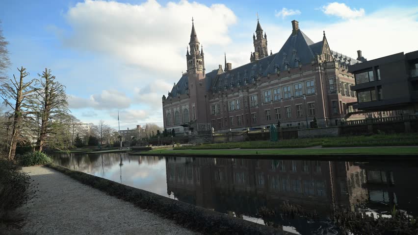 Garden of the Peace Palace, Vredespaleis in Dutch, in The Hague, Netherlands