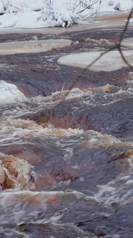4k, Vertical video, Close-up view of the turbulent stream and rapids of the Roshchinka River with brown water, at daytime, Lindulovskaya grove, Leningrad Oblast, Russia