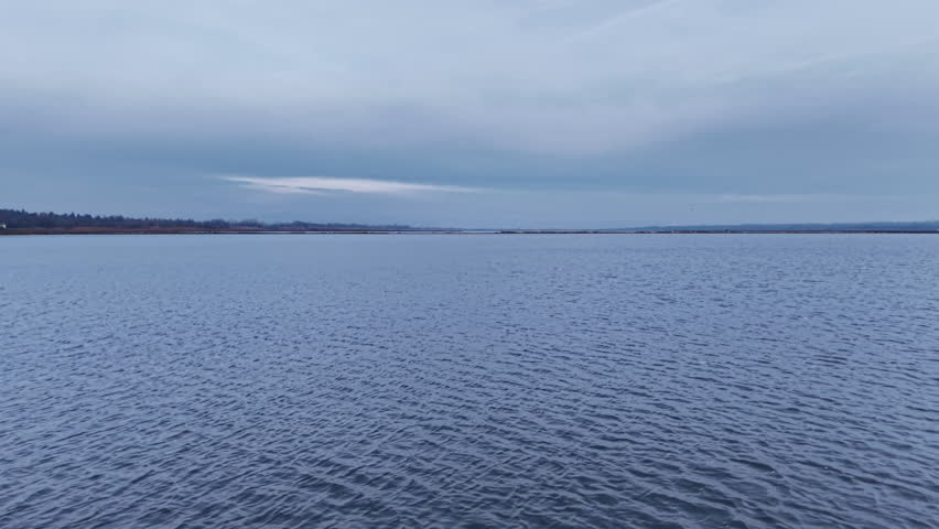 Calm waters of the lake stretch out beneath a blanket of gray clouds, capturing the peaceful essence of a quiet evening. A solitary bird flies high in the sky.