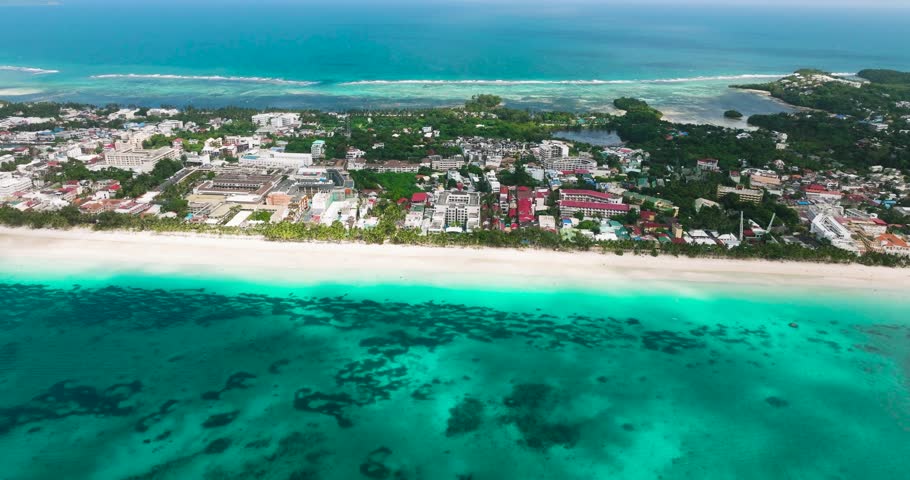 Boracay Island with white sand beaches and transparent turquoise water. Philippines.