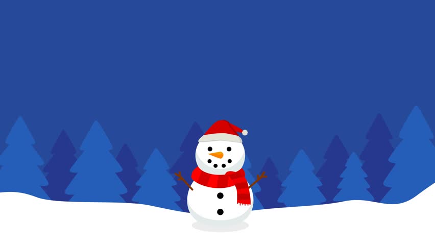 Snowfall. Snowman with hat and scarf, cartoon character. Winter season. Christmas night