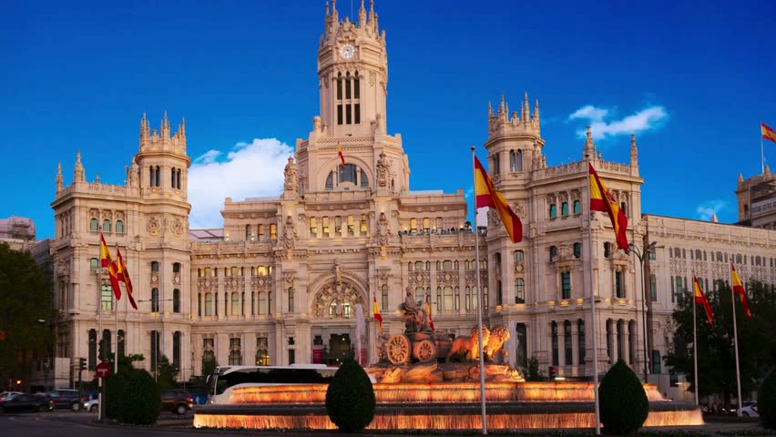 View of the iconic Palacio de Cibeles (Cybele Palace), in Madrid, Spain, currently serving as the Madrid city hallCibeles Palace at Plaza de  - Madrid, SpainCibeles , formerly Palace of Communications or of Telecommunications, located in , SpainMadrid Spain, skyline at  Fountain Town Squarecibeles fountain, tourist, national, sculpture,  of communication, culture, neoclassical,   hall, exterior, skyline, view, palacio, plaza de cibeles, town , cybele , palaciotelecomunicaciones, landscape, capital, hall, travel, cybele, square, european, spanish,  architecture, europe, landmark, building, tourism, fountain, spain, architectural, urban, historic, famous, city hall, place, monument, cityscape, cibeles square, historical, facade, old, cibeles, street, plaza