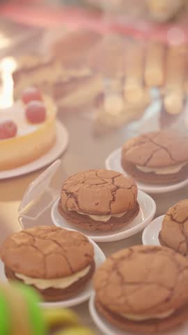 Sweet pastries with cream displayed in a bakery window. Concept of assortment of sweet desserts.