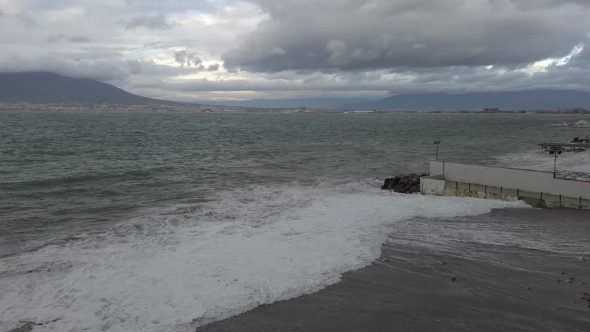 View of rough seas in the Gulf of Naples, Italy.