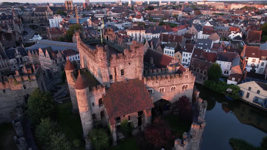 Aerial view of Gravensteen castle and Ghent city during evening