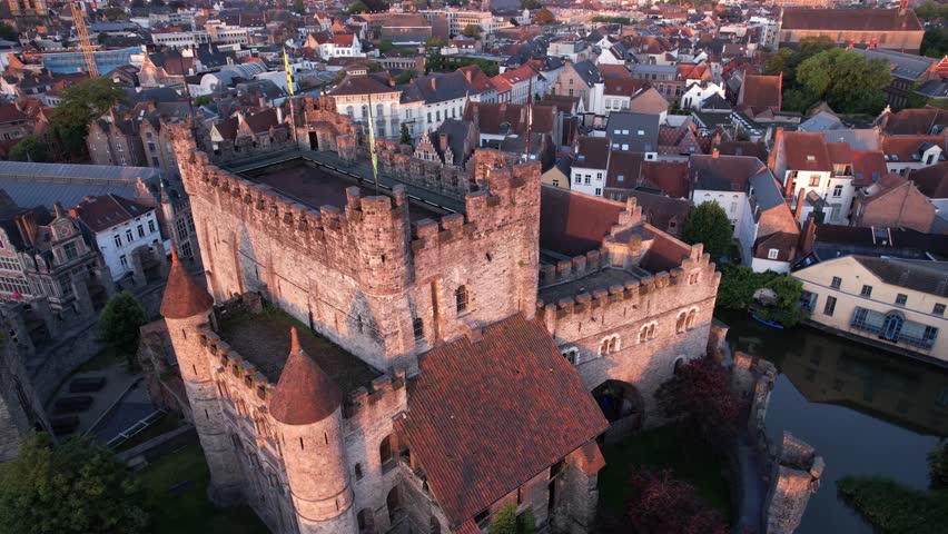 Aerial view of Gravensteen Castle and Ghent at Sunset Belgium