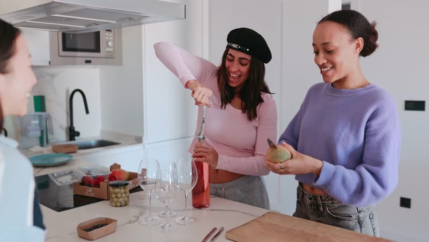 A group of four female friends laughing and talking while one of them opens a bottle with a corkscrew