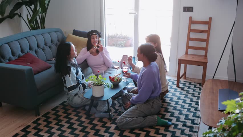A group of four female friends are sitting on the floor at a table and talking while one of them eats a strawberry