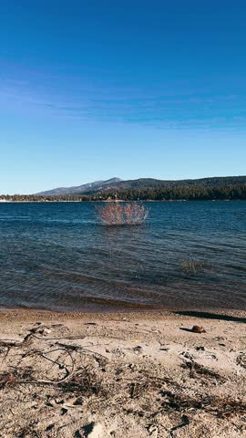 A peaceful lakeside scene with soft waves meeting a sandy shore, open water stretching toward forested hills and distant mountains beneath a clear blue sky.