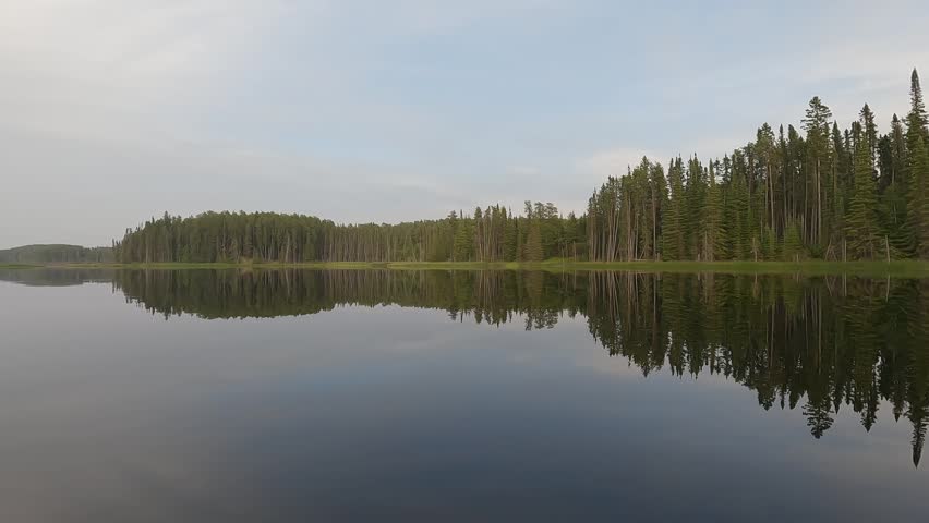 POV from the front of a canoe moving slowly on a calm river reflecting a northern evergreen forest