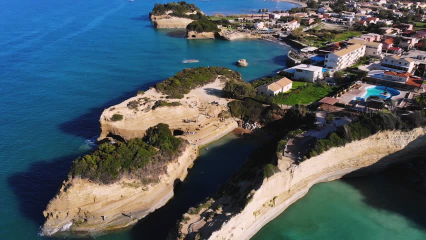 Sidari, Corfu, Canal d’Amour (Love Channel), aerial drone view of Corfu island, Greece, with turqoise water and sea beach, Kerkyra, Ionian islands, summer sunny day, Kanali tou Erota, Greek landscape
