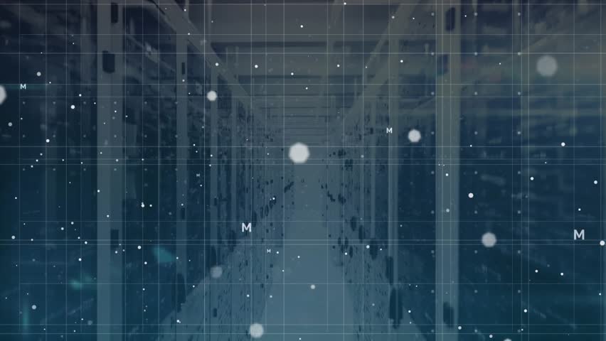 Central server aisle glowing while HUD grid and orbs moving after ping, showing system status. Datacenter, futurism, holographic, interface, circuitry, particles, blue