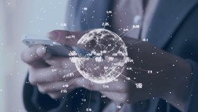 Hands holding phone flat causing globe emerging, rotating as fingers tapping updating number nodes. Smartphone, holographic, augmentedreality, data, visualization, gesture, swipe - Powered by Shutterstock - Get 15% off with code: PIKWIZARD15