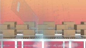 Hologram panel drifting with faint shapes appearing, aligning bars with belt boxes, showing stock. Automation, packaging, conveyor, factory, industrial, analytics, graphs - Powered by Shutterstock - Get 15% off with code: PIKWIZARD15