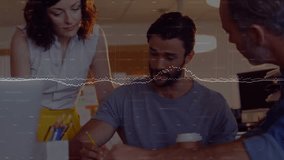 Seated man starting sketching paper and explaining for business, team pointing, waveform syncing. Collaboration, office, desk, meeting, sketch, notebook, laptop - Powered by Shutterstock - Get 15% off with code: PIKWIZARD15