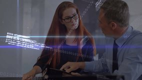 Man pointing and woman tapping tablet in business meeting, animated charts analyzing finance data. Boardroom, collaboration, analytics, digital, technology, interface, teamwork - Powered by Shutterstock - Get 15% off with code: PIKWIZARD15