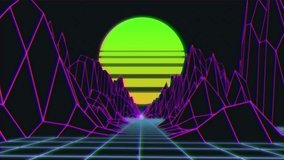 On play, MASSIVE SALE and YOU WIN! headline staying centered, neon scene shifting, promoting sale. Retrofuturistic, synthwave, parallax, gradient, magenta, grid, typography - Powered by Shutterstock - Get 15% off with code: PIKWIZARD15