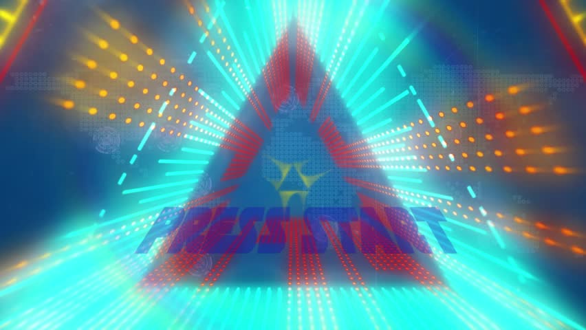 PRESS START 3D text pushing forward after color shift, forming neon tunnel for arcade intro. Letters, extruded, gradient, glow, triangular, aperture, grid