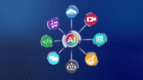 AI hub connecting to various digital icons, representing AI integration across technology and creative fields. Motion graphic animation background. - Powered by Shutterstock - Get 15% off with code: PIKWIZARD15