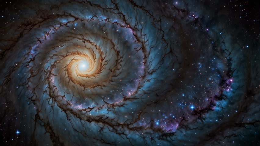 A stunning visualization of a spiral galaxy, blending artistic elements with dramatic astronomical details. The main focus is on the bright, golden-yellow central core, surrounded by sweeping spiral