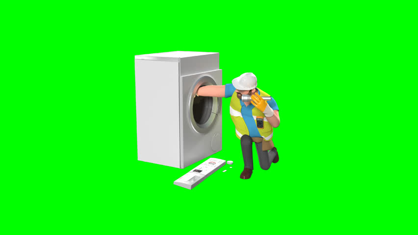 Professional 3D electrician character repairing a washing machine on green screen background. Ideal for appliance service ads, home maintenance promotions, repair tutorials, warranty visuals, technician presentations, explainer videos, website banners, and commercial video projects that need clear replacement-ready footage.